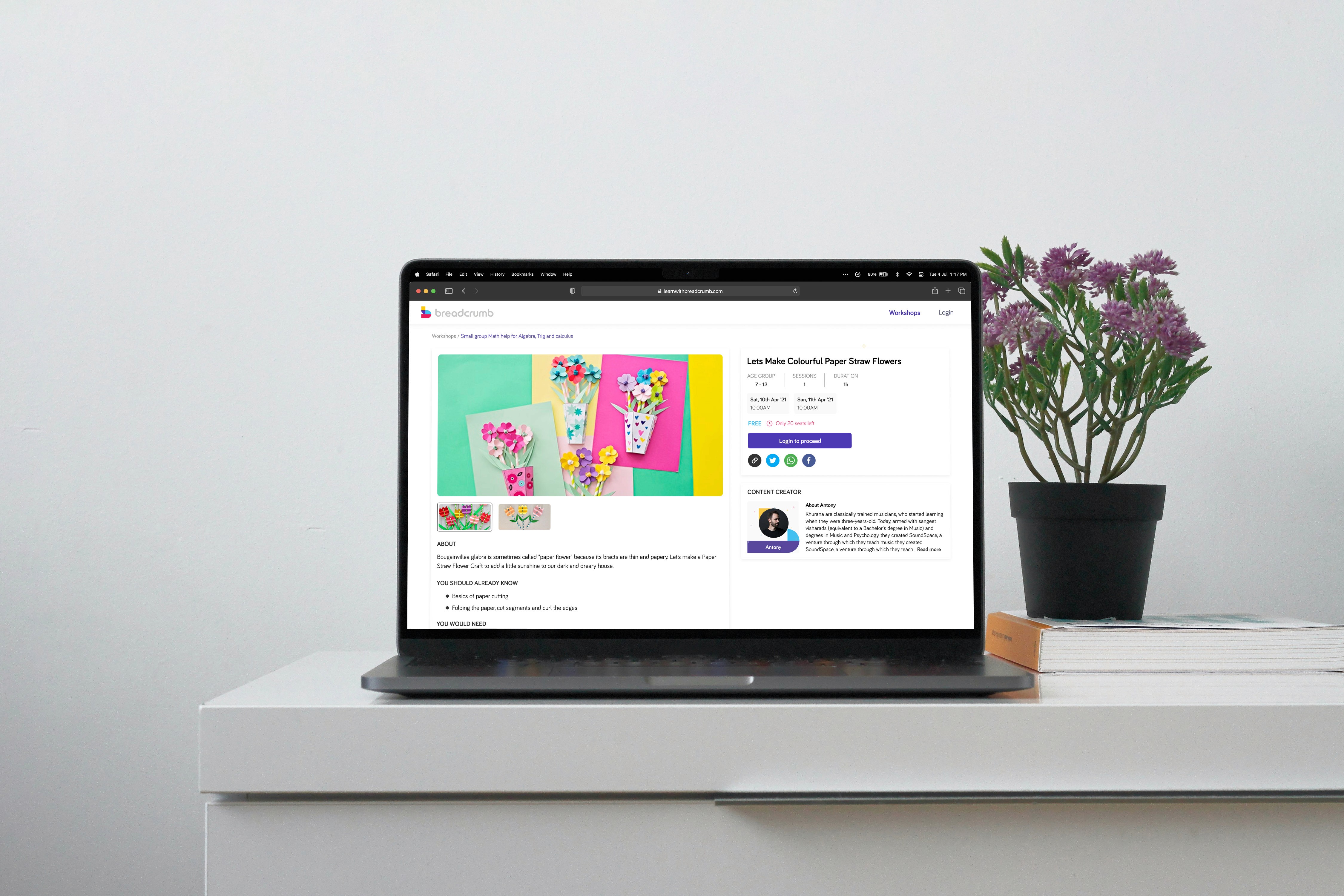 Laptop showing a workshop details page with vibrant thumbnail and class description on Breadcrumb platform.