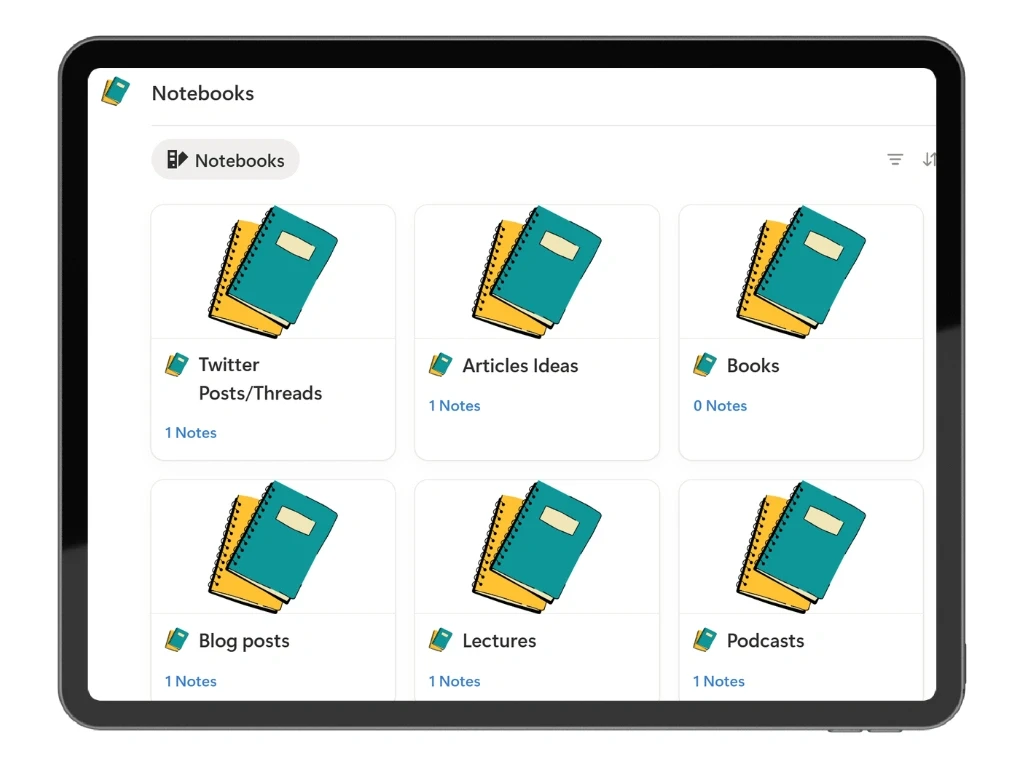 Notebooks overview in the Outline Notes template, showing categories like Twitter Posts, Articles, Books, Lectures, and Podcasts for organizing notes