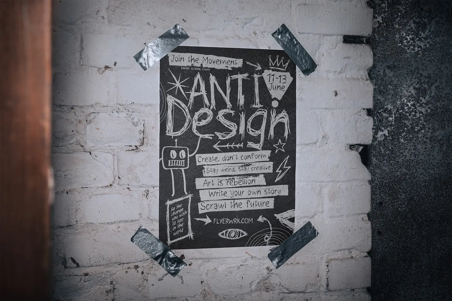 aw urban poster mockup featuring a black and white anti-design aesthetic taped to a basement wall