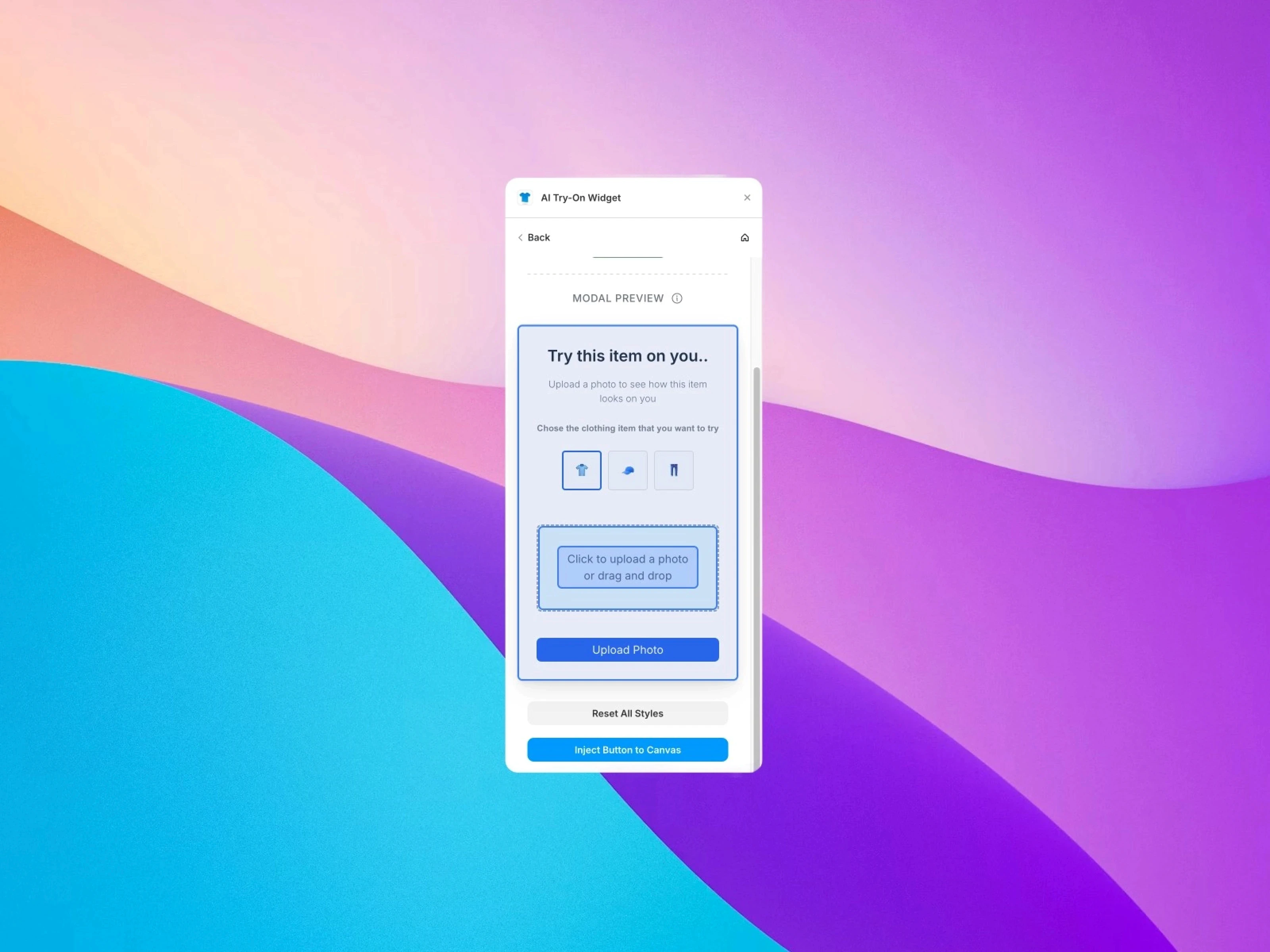 An image of an AI Try-On Widget window displaying a preview feature for clothing on a purple and blue gradient background.