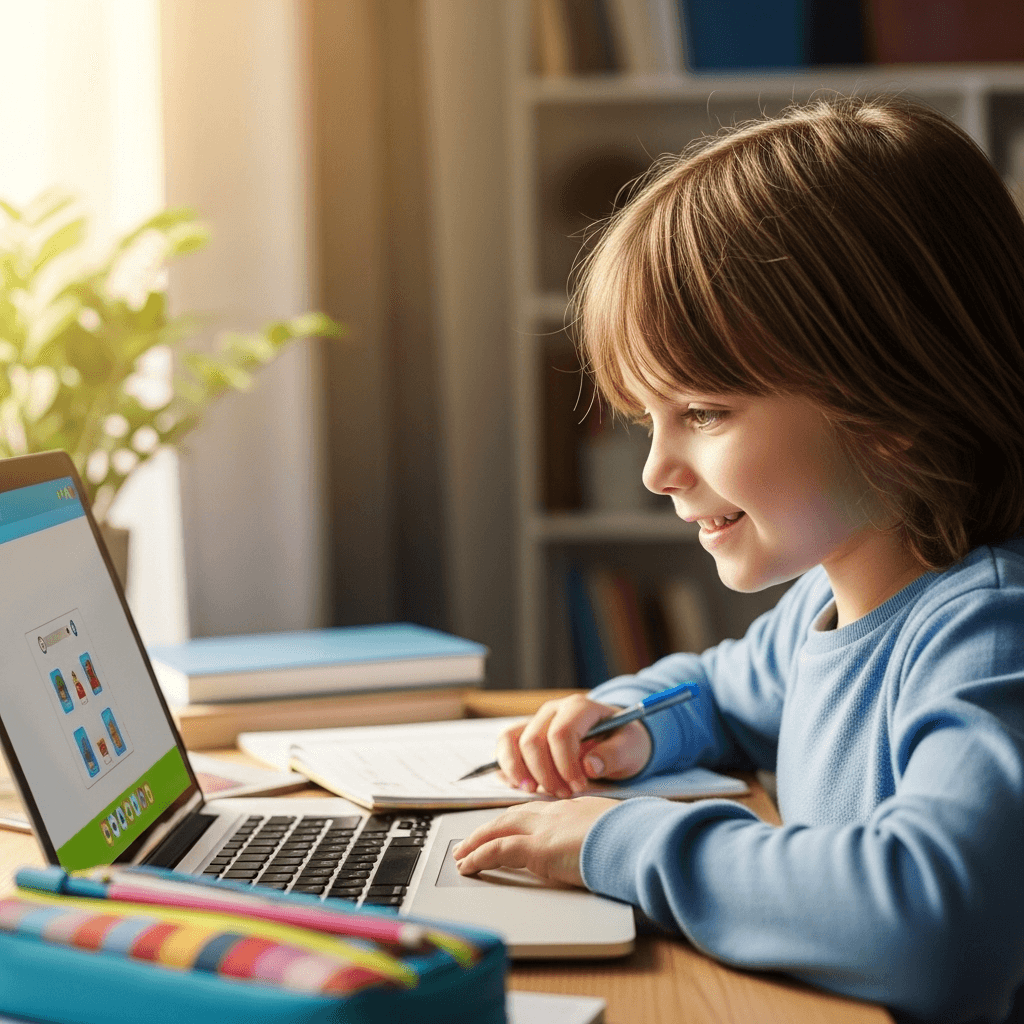 A young child sitting at a desk, smiling while working on a laptop and writing in a notebook during an online learning activity.