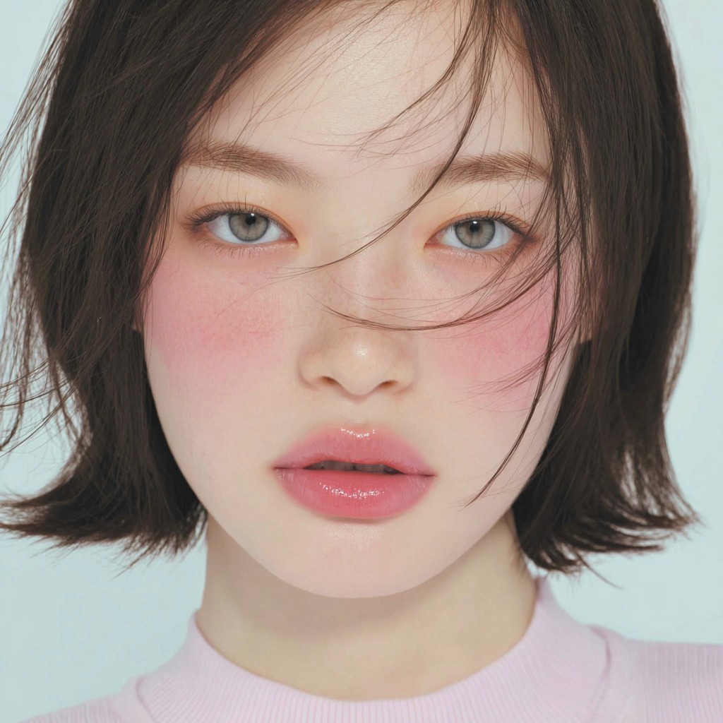 Portrait of young Asian woman with short hair and natural soft makeup.