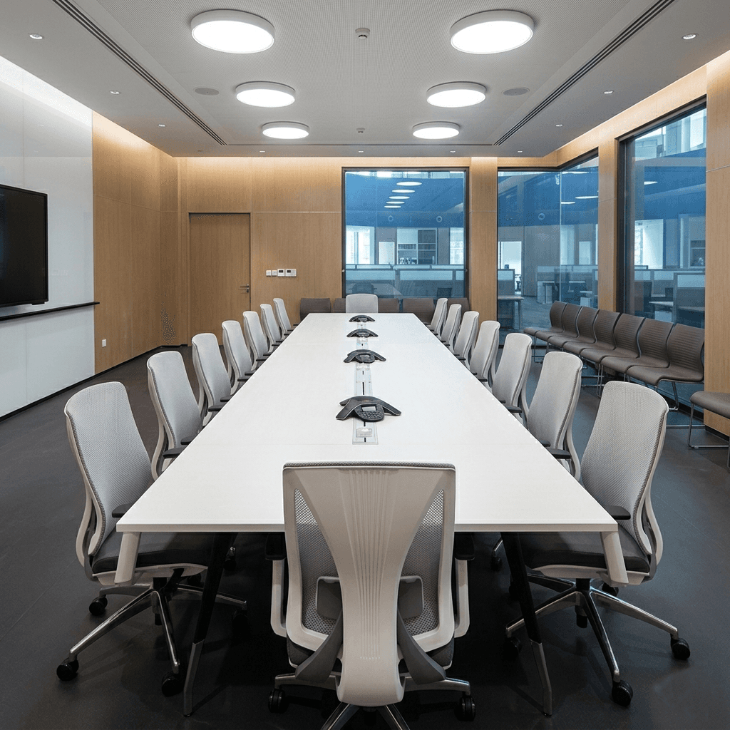 Modern conference room featuring a long white executive table lined with A806 ergonomic office chairs, light wood wall paneling, and circular recessed ceiling lights.