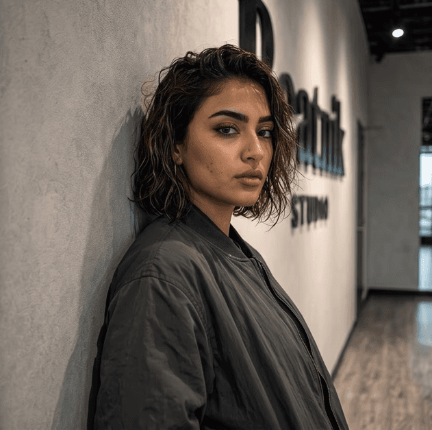 A person with shoulder-length hair stands against a wall, looking confidently at the camera.