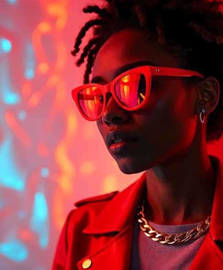 Woman wearing bright red sunglasses.