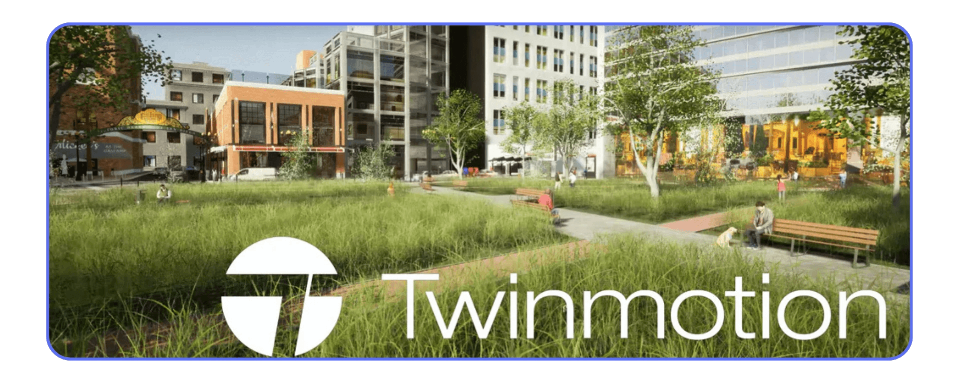 Outdoor city plaza visualization in Twinmotion featuring grass, benches, and buildings.