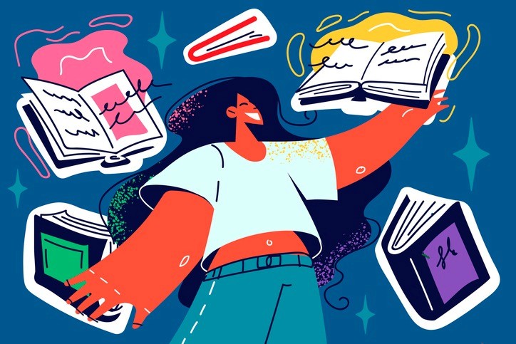 Illustration of a joyful learner surrounded by floating colorful books.
