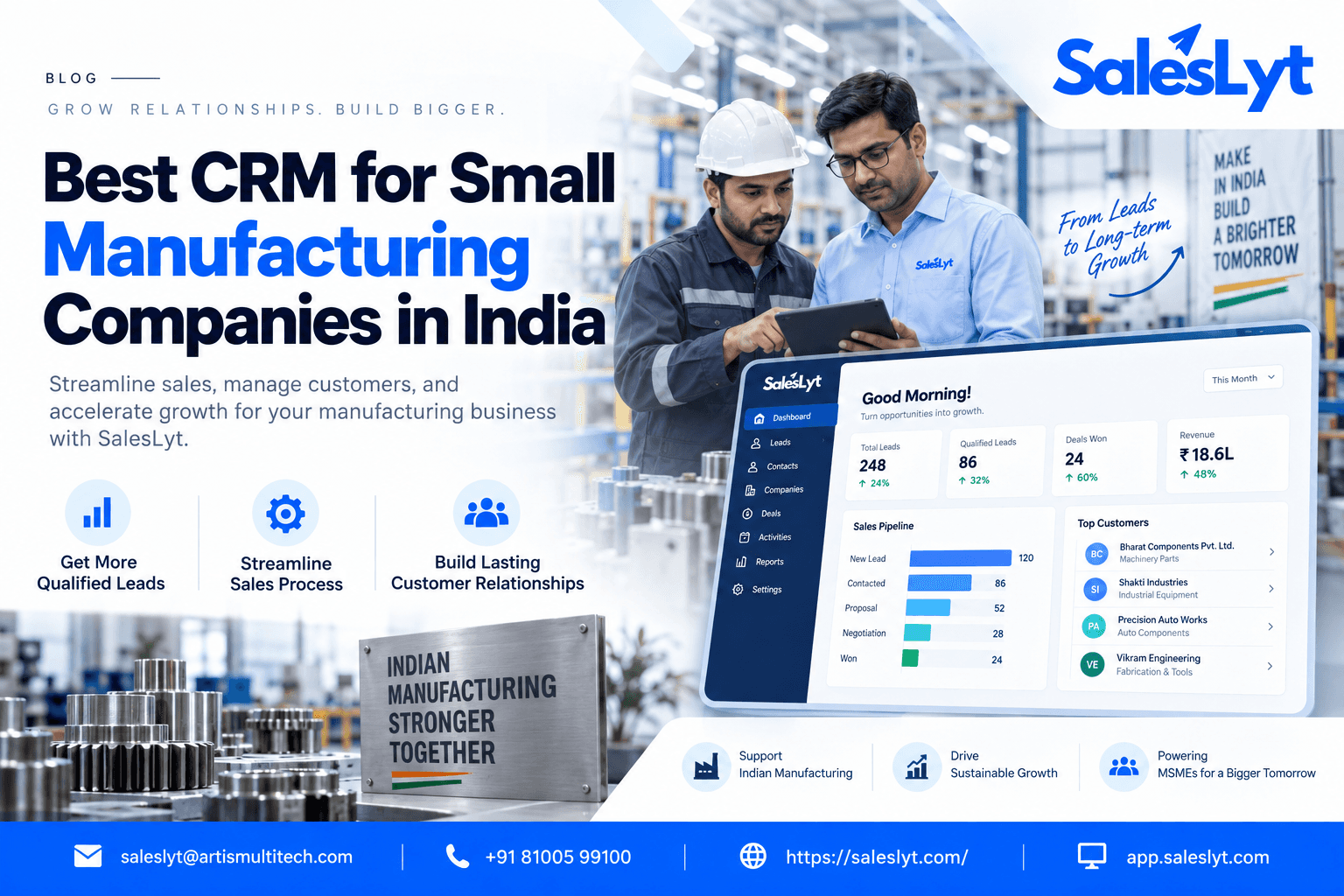 SalesLyt CRM for small manufacturing companies in India with sales pipeline, customer management and manufacturing sales dashboard