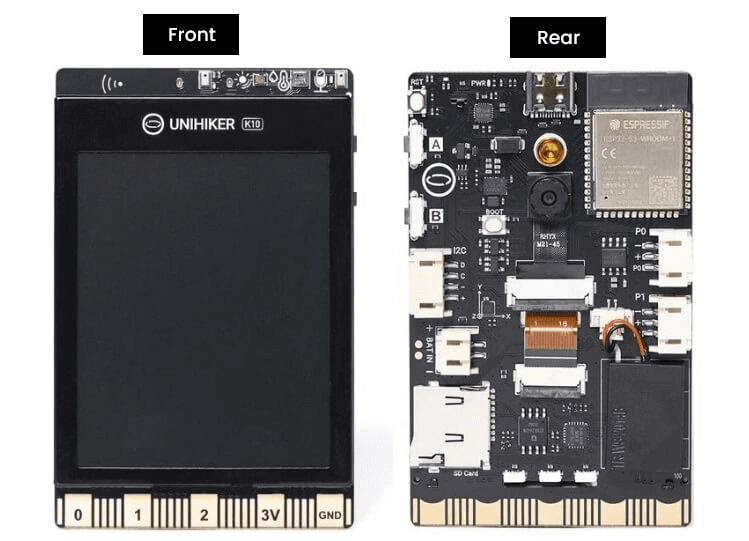 Front and rear views of the UNIHIKER K10 AI development board.