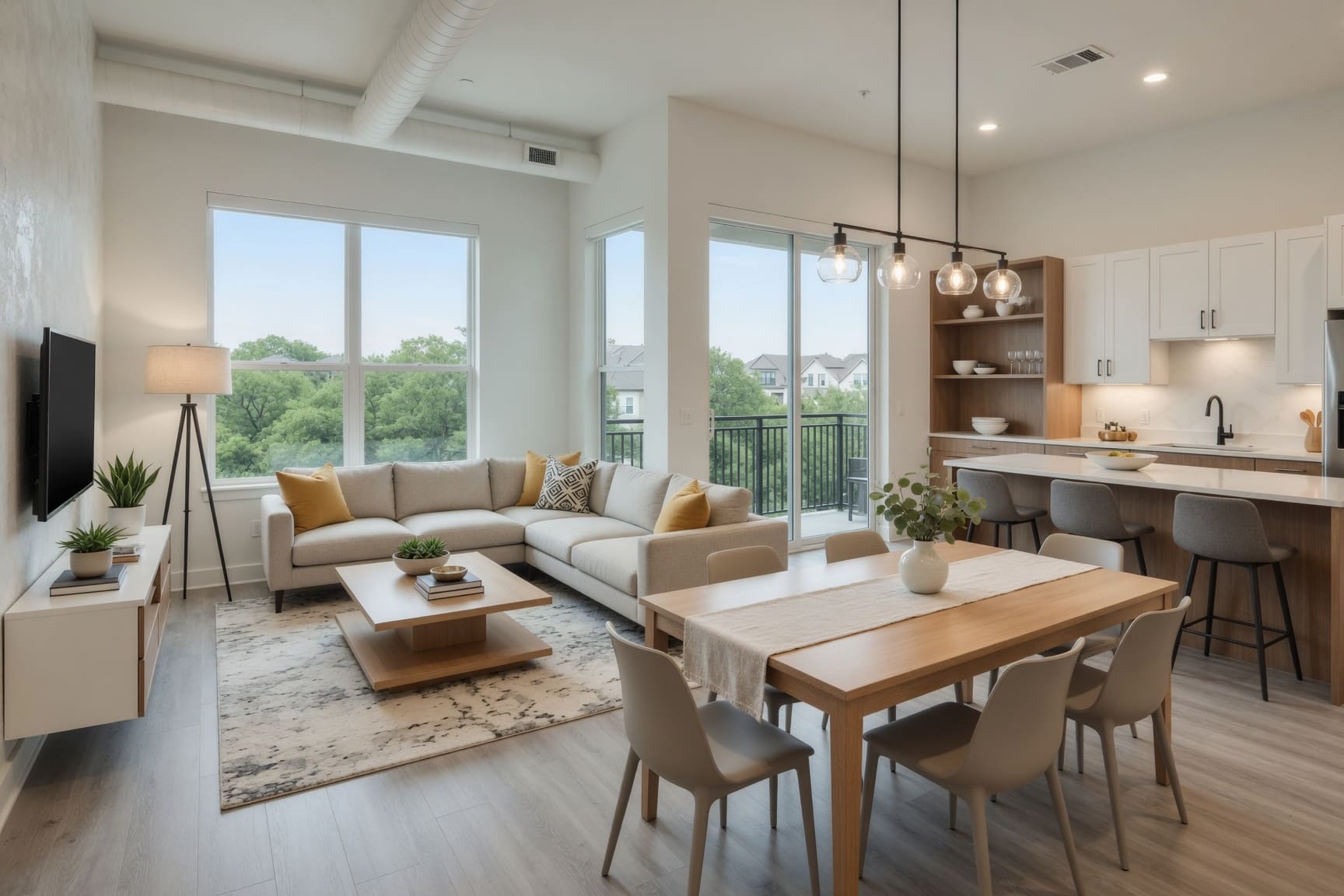 Open plan living and dining room with balcony access and pendant lighting