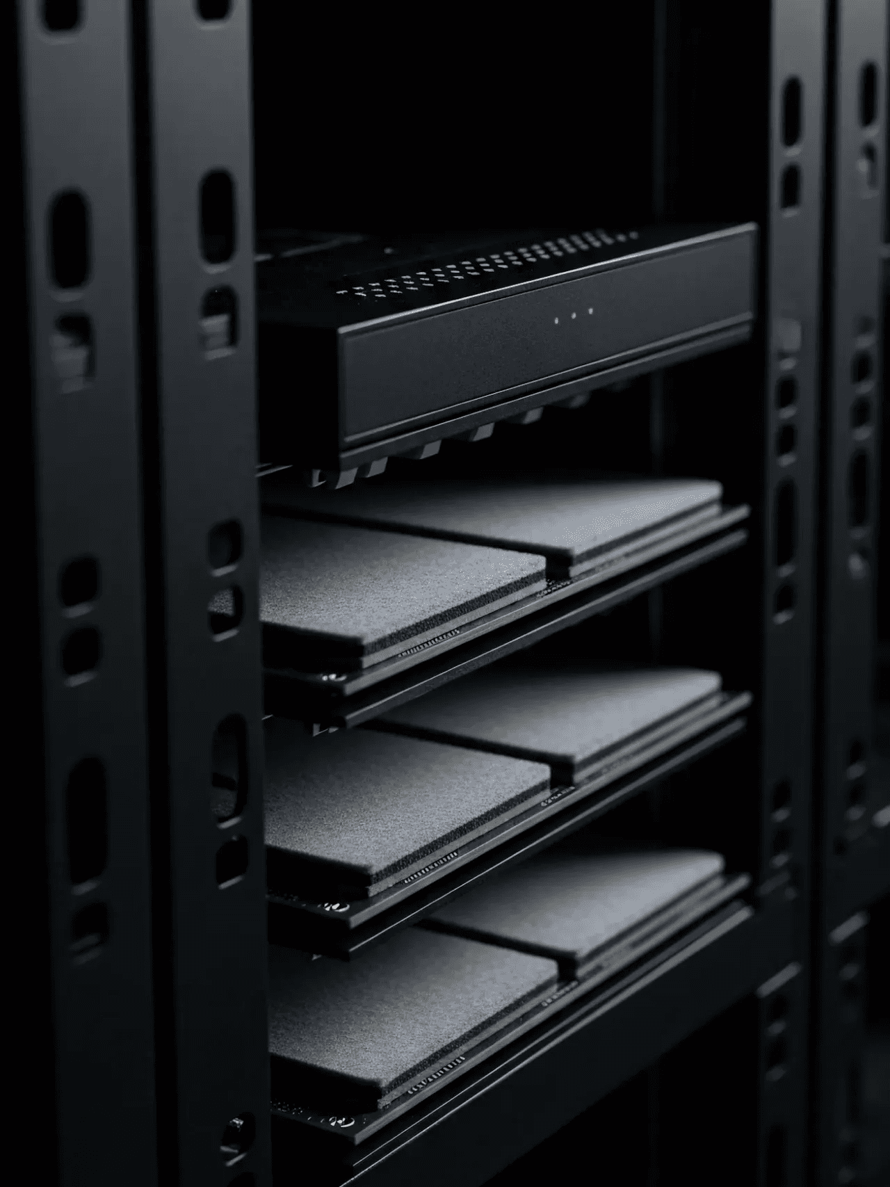 Server rack with stacked equipment trays