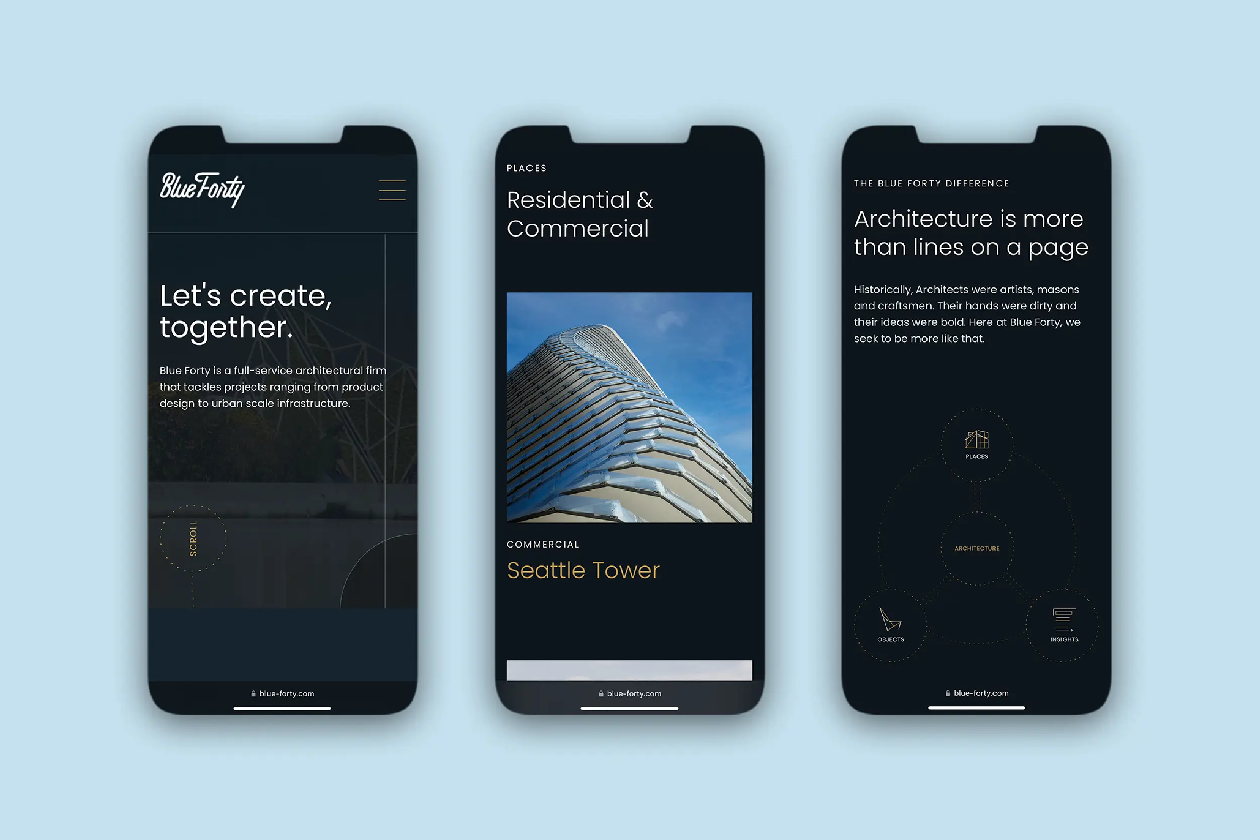 Blue Forty website displayed on a mobile device, showing responsive design and formatted for small screens.