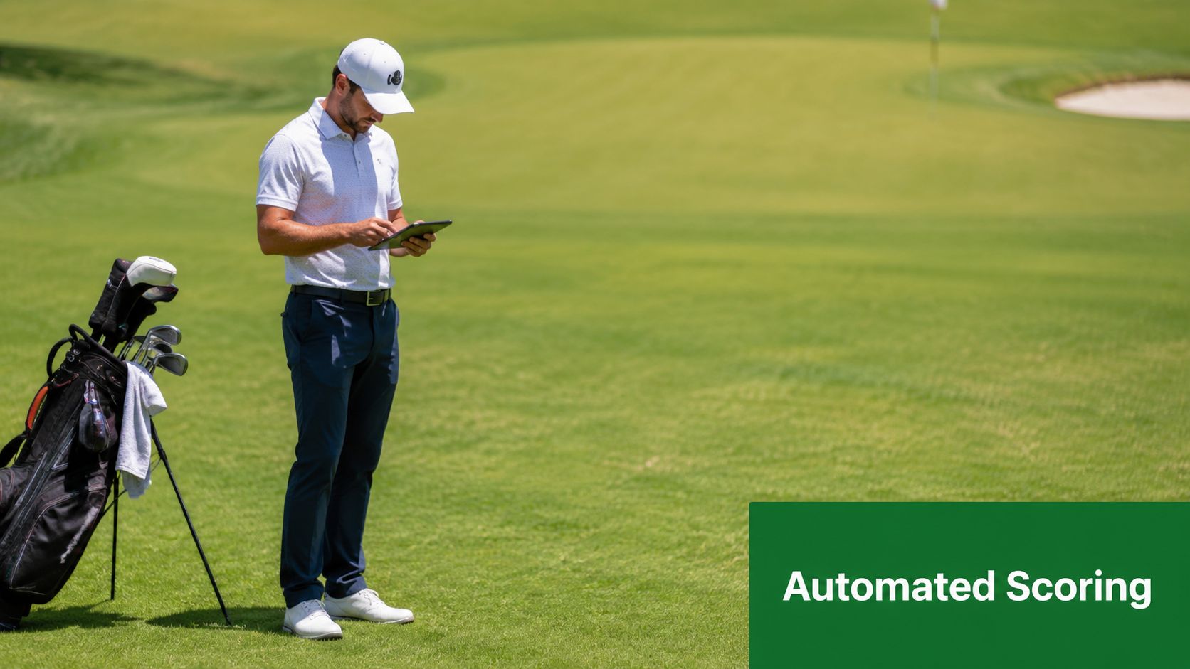A professional golfer standing on the green while checking digital scores on a tablet device.