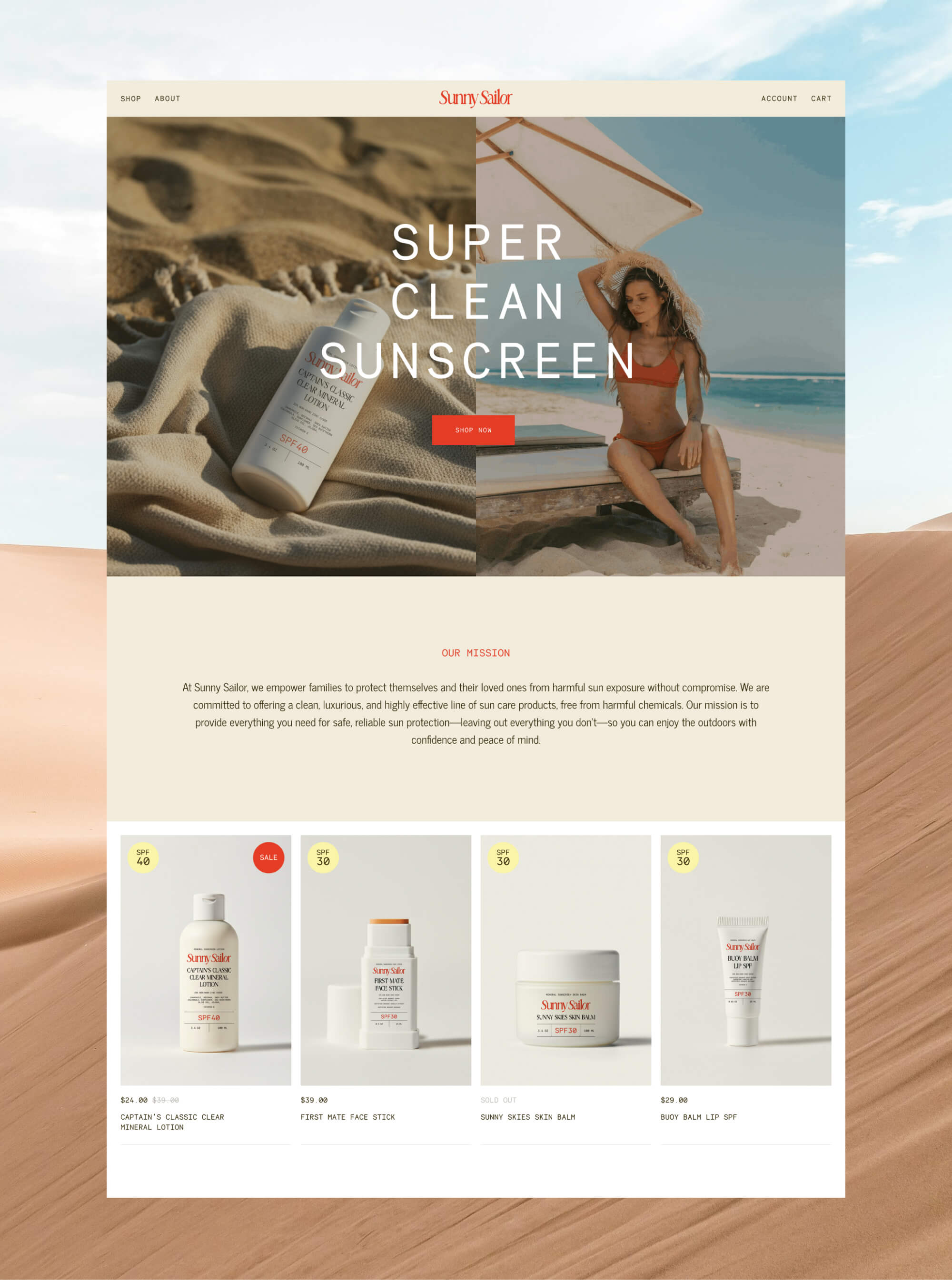 Bright and modern e-commerce layout showcasing Sunny Sailor's premium sunscreen products