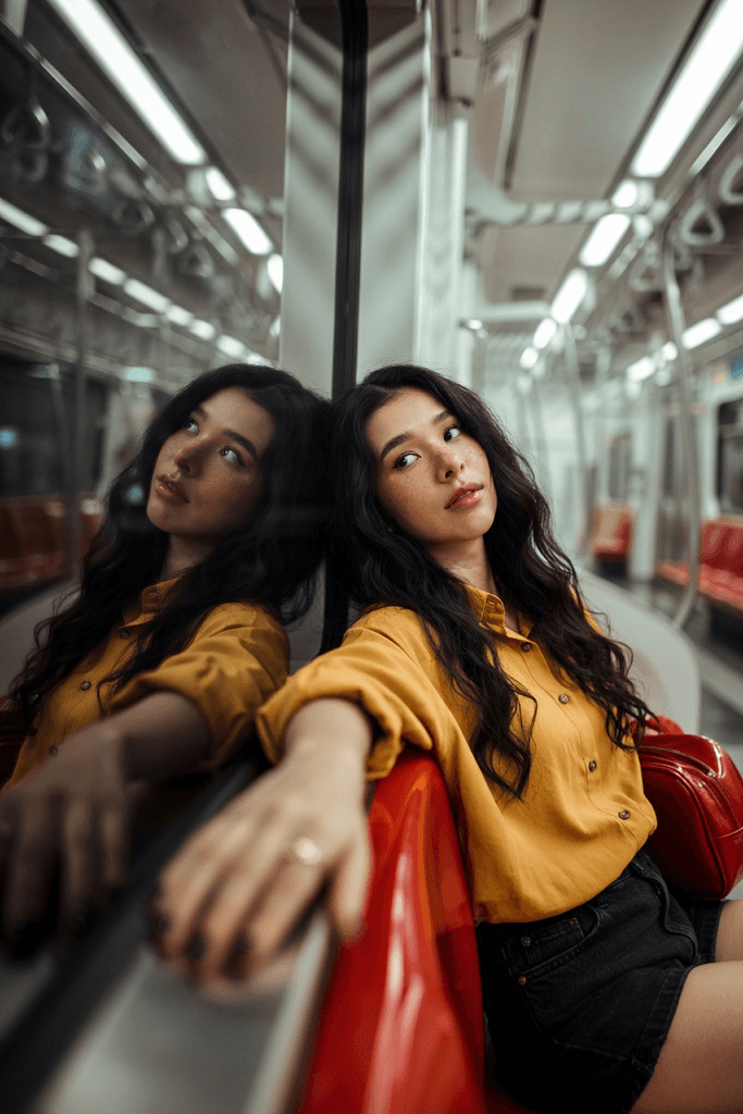 Two women sitting on a train looking toward the camera
