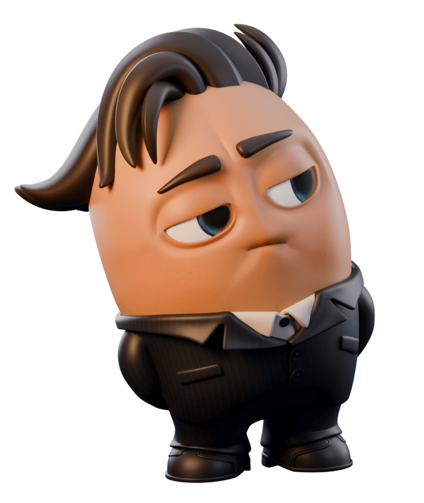 Cartoon character from Nana - Lola Animation Studio, featuring a stylized egg-shaped figure with a serious expression, dark slicked-back hair, and a black suit, set against a light blue background with partial red text.