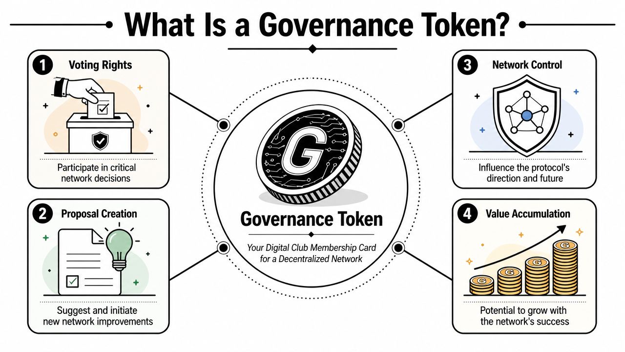 An infographic explaining the functions of a governance token including voting, proposals, network control, and value accumulation.