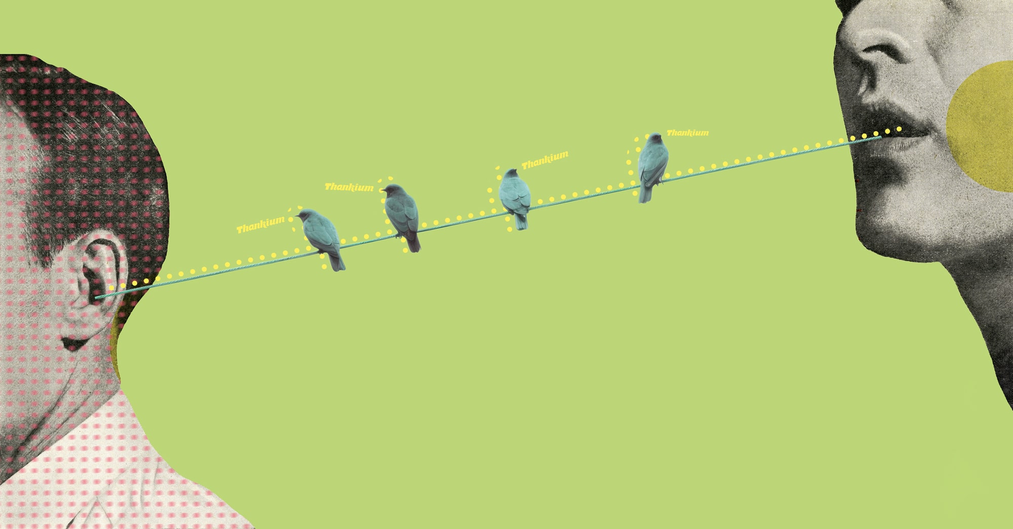 Collage artístico con pájaros azules en un hilo conectado a un rostro humano.