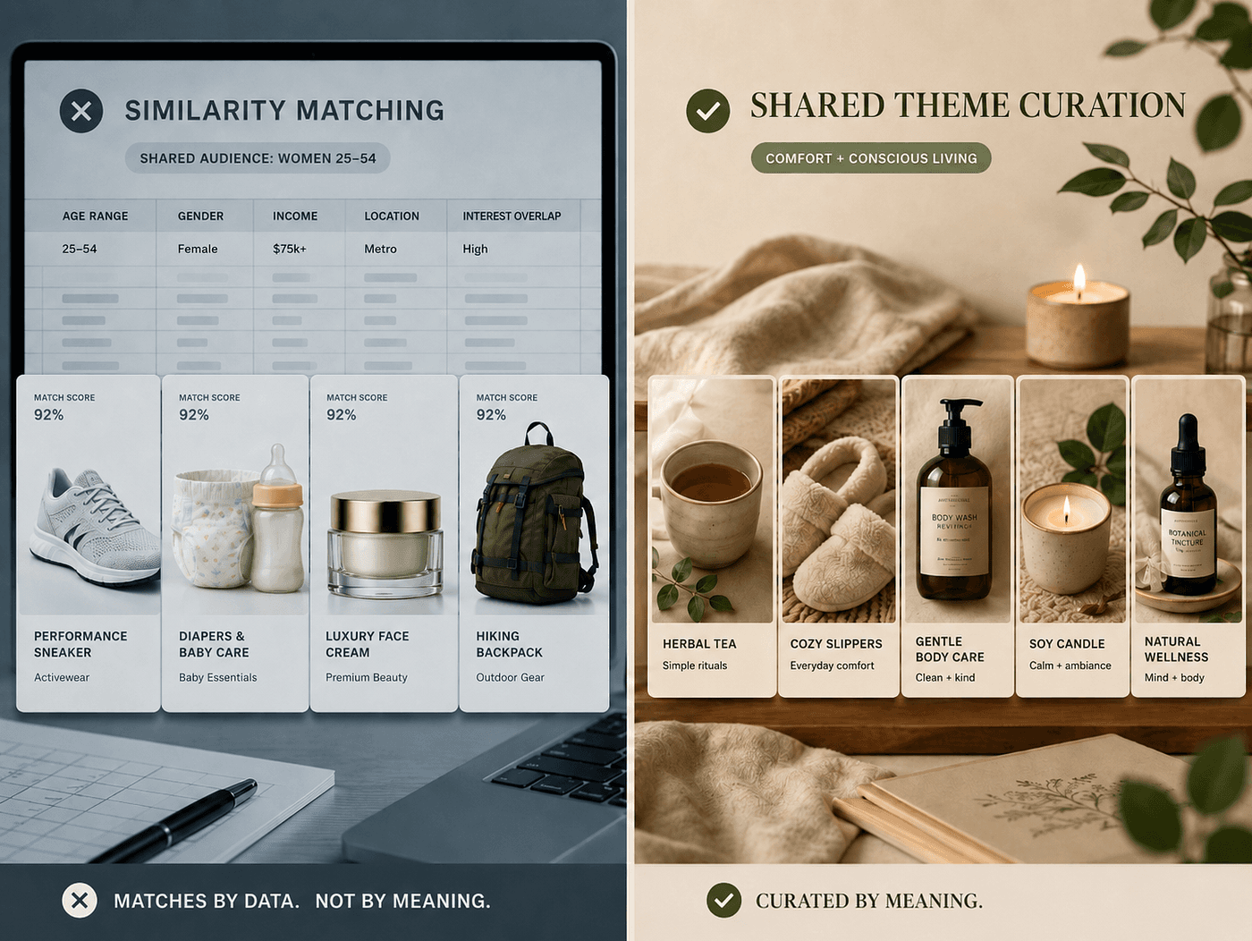 Split image comparing a shallow brand-matching spreadsheet with a curated group of complementary brands organized around a shared customer theme.