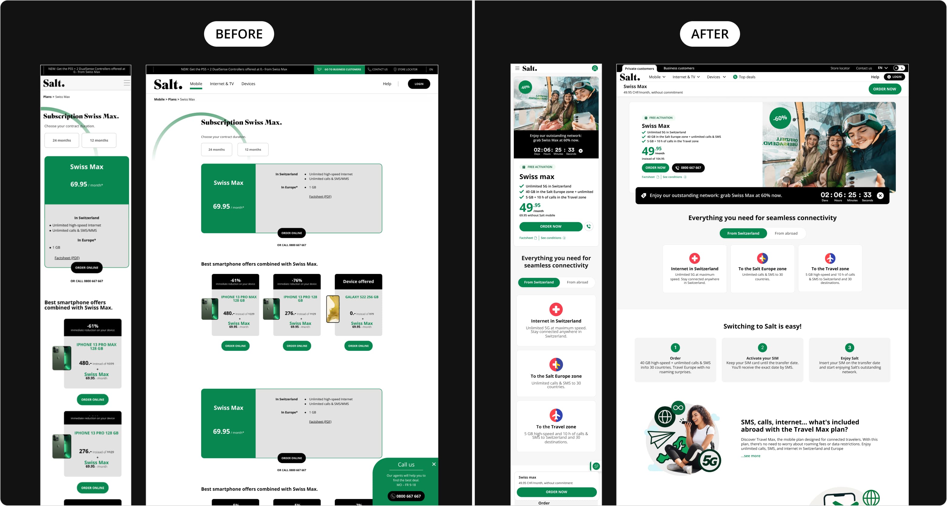 Before and after comparison of Salt Mobile’s subscription plan page redesign, highlighting improved offer clarity, structured content, and enhanced user journey across mobile and desktop.