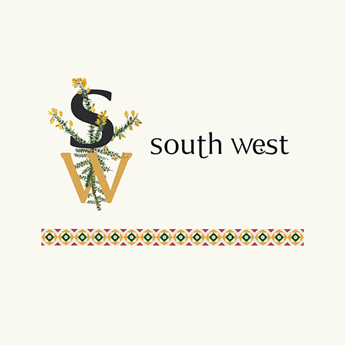 Regional Identity graphic for the South West Trail. featuring te intitials SW interttwined with bracken and a flower pattern design in red, green and yellow.