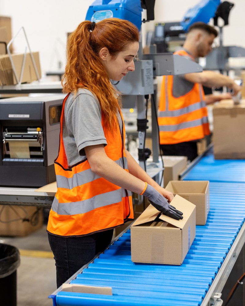 Image of a person in a hi-viz jacket packing a box on a packing line