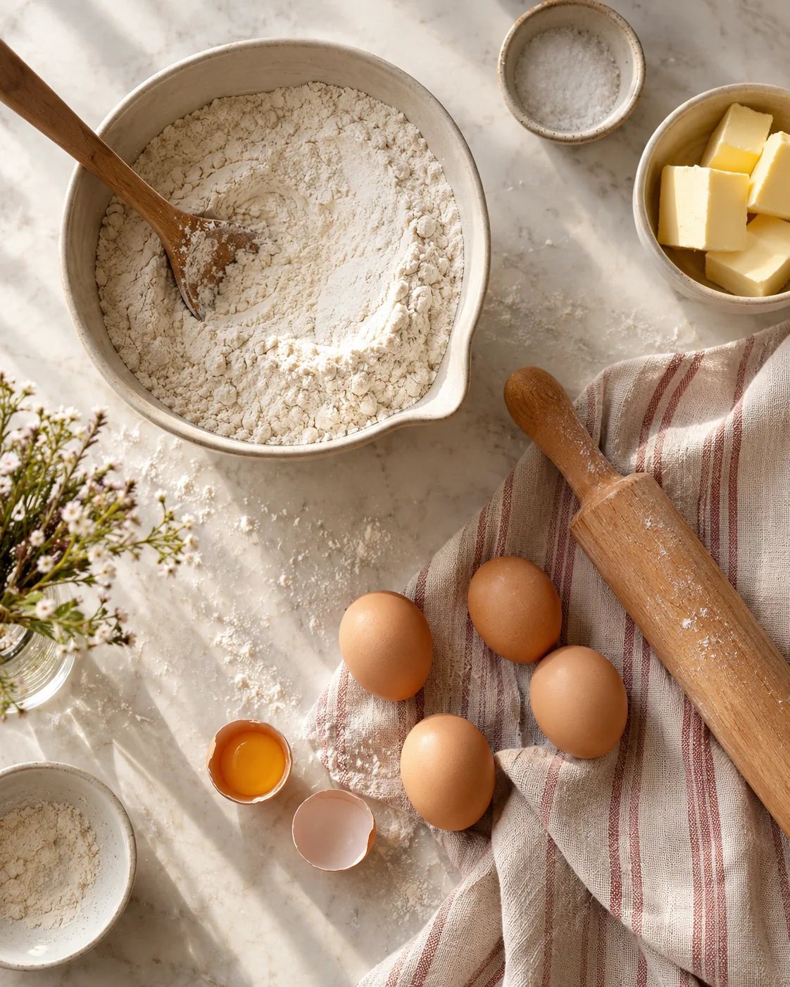 Flour, eggs and butter laid out on the studio bench