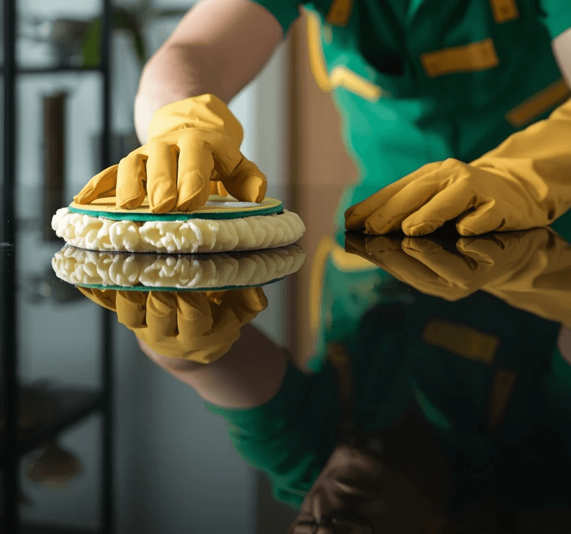 A person in yellow gloves and blue gloves cleaning a floor