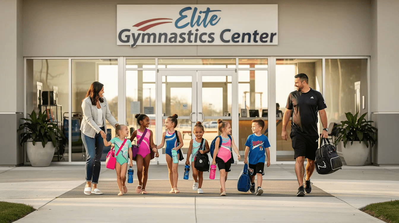 The image depicts parents and young gymnasts arriving at a bright and welcoming gymnastics facility entrance, where they are greeted by a friendly atmosphere. This vibrant scene highlights the importance of community in gymnastics clubs, as families come together to support their children in training and classes.