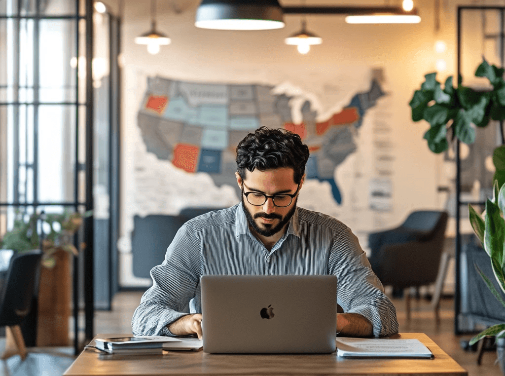 A natural, high-quality photograph of a modern, international entrepreneur working in a bright, contemporary office or coworking space. The individual is casually yet professionally dressed, focused on a laptop that shows U.S. LLC documents or tax forms. Subtle references to Wyoming and Delaware appear in the background--like small state outlines or discreet signage--alongside a U.S. map or flag. The scene should convey approachability, global business aspirations, and the excitement of exploring new opportunities in the U.S. for nonresident entrepreneurs, without appearing overly formal or government-related.