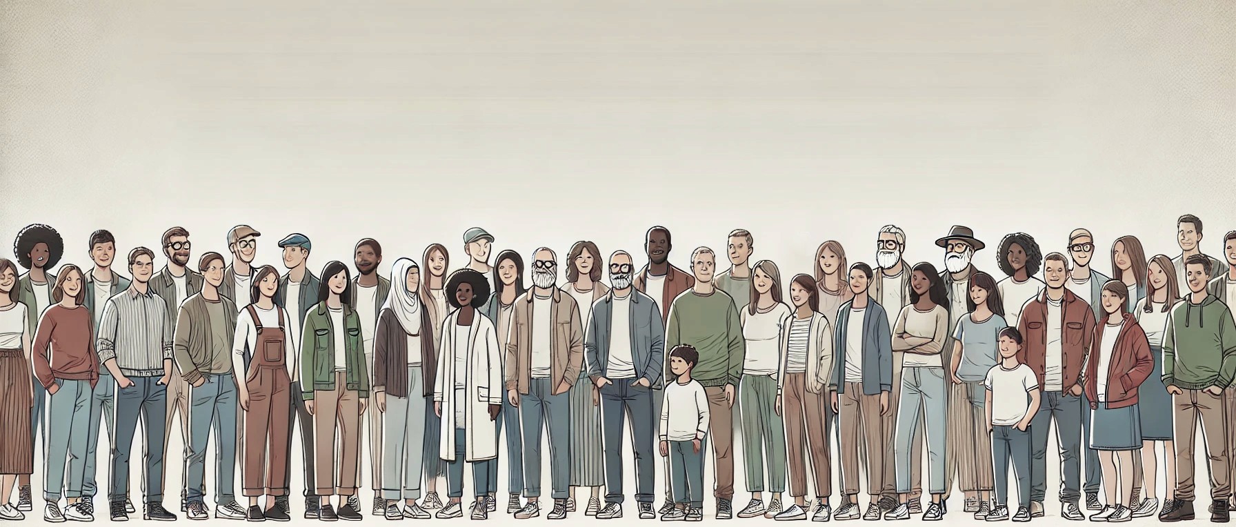 The image is a detailed and diverse illustration of a large group of people standing together. Key elements of the image include:  Diverse Group:  Variety of Individuals: The group comprises people of various ages, ethnicities, and styles, showcasing a diverse representation of a community. Inclusive Representation: The image includes individuals wearing different types of clothing, from casual attire to more traditional garments, indicating an inclusive and broad representation. Facial Expressions and Postures:  Neutral and Friendly Expressions: Most of the individuals have neutral to friendly facial expressions, suggesting a sense of unity and togetherness. Relaxed Postures: The people are standing in relaxed and natural postures, conveying a casual and approachable atmosphere. Clothing and Accessories:  Variety of Outfits: The individuals are dressed in a mix of casual, formal, and cultural attire, reflecting a wide range of personal styles and backgrounds. Accessories: Some individuals are wearing glasses, hats, and other accessories, adding to the individuality and uniqueness of each person. Background and Setting:  Minimalist Background: The background is minimalist and neutral, keeping the focus on the people and their diversity. Group Composition: The composition places the individuals side by side, forming a cohesive and connected group, which highlights community and togetherness. Artistic Style:  Illustrative Approach: The image is drawn in a detailed illustrative style, with clear lines and subtle shading, giving it a polished and artistic appearance. Color Palette: The colors are muted and harmonious, creating a balanced and visually appealing composition. Overall, the image portrays a diverse and inclusive community, emphasizing unity and the variety of human experiences and backgrounds. The detailed illustration and neutral background keep the focus on the people, highlighting their individuality and the collective spirit of the group.