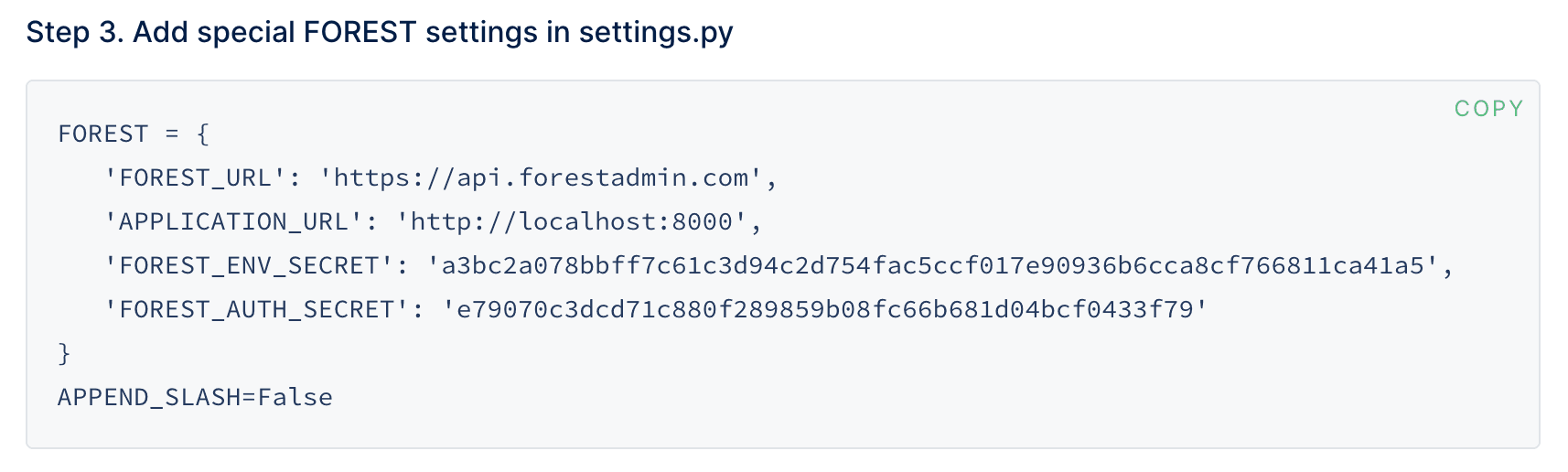 The third Forest Admin installation step of the Django data source.