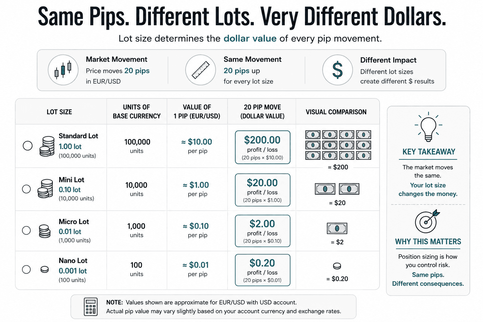 Comparison chart showing a 20-pip market move producing approximately $200 with a standard lot, $20 with a mini lot, and $2 with a micro lot, demonstrating how lot size changes financial results.