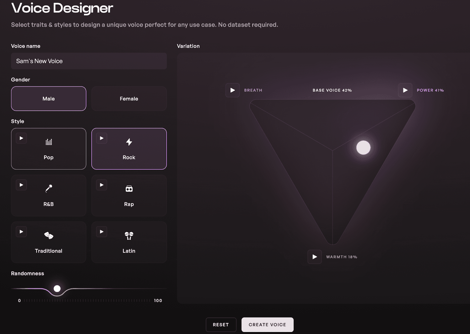 The Voice Designer feature on Kits AI with the toggle towards power and warmth