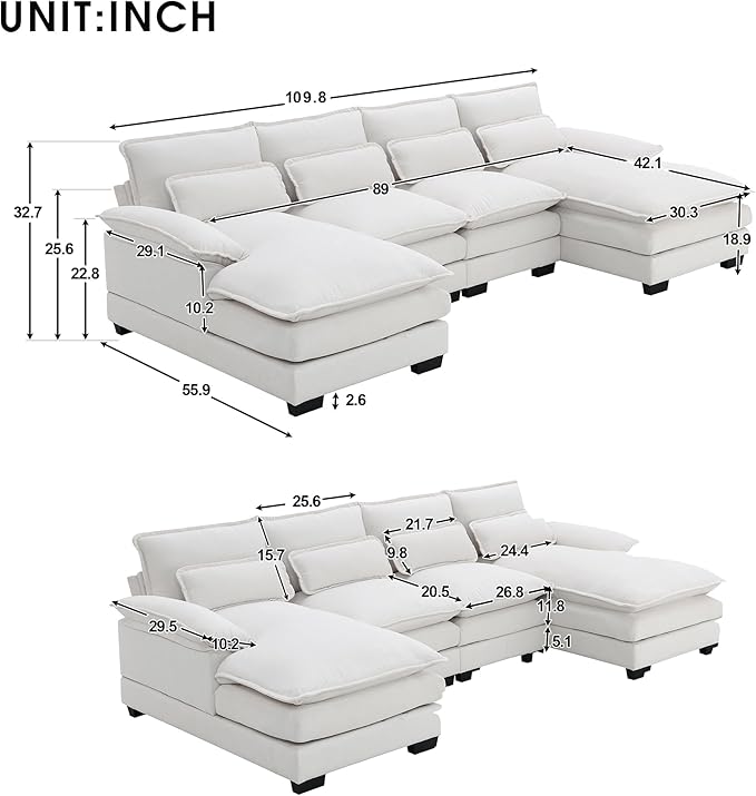 "Dimensions of White Cloud Couch with deep seating"