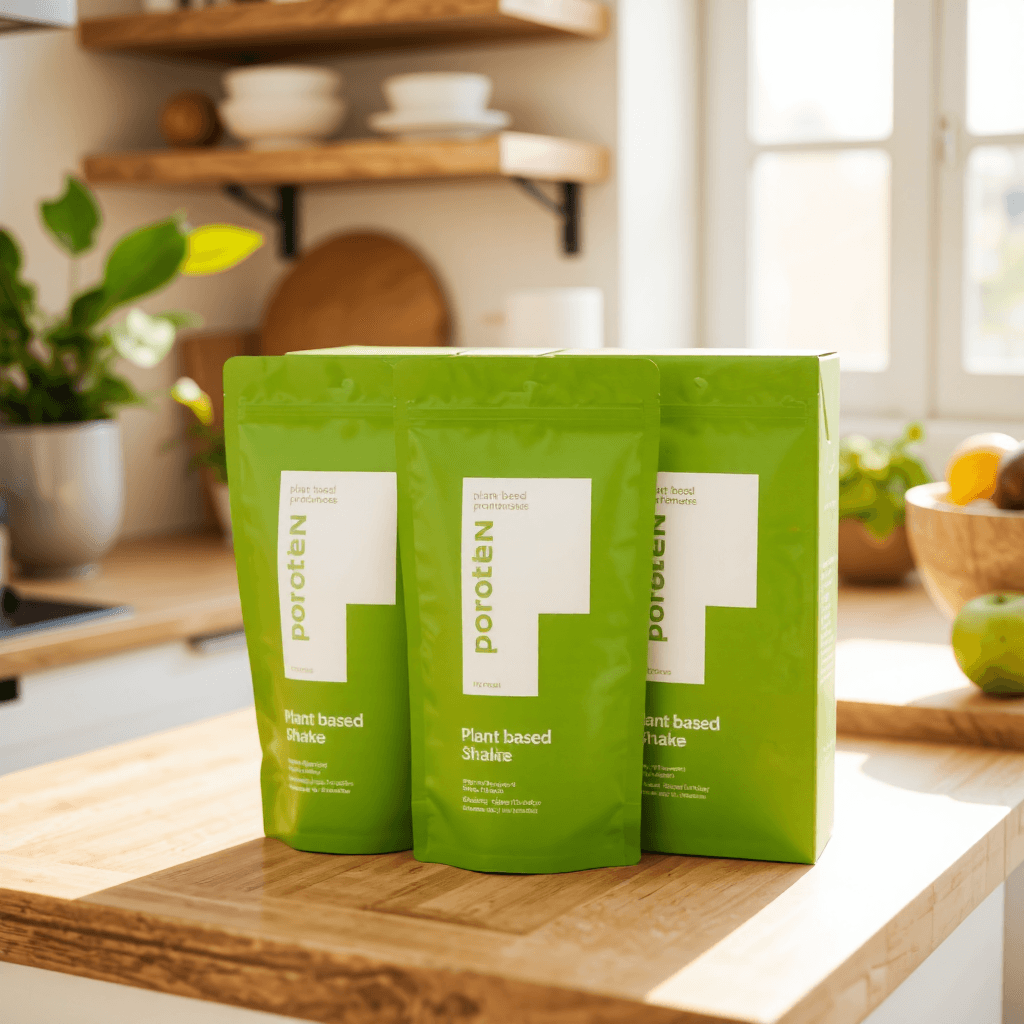 product photography of a box of plant-based protein shakes with three pouches