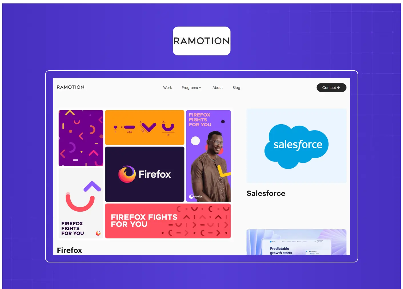 Creative agency portfolio displaying branding, product design, and marketing projects for clients including Firefox and Salesforce.