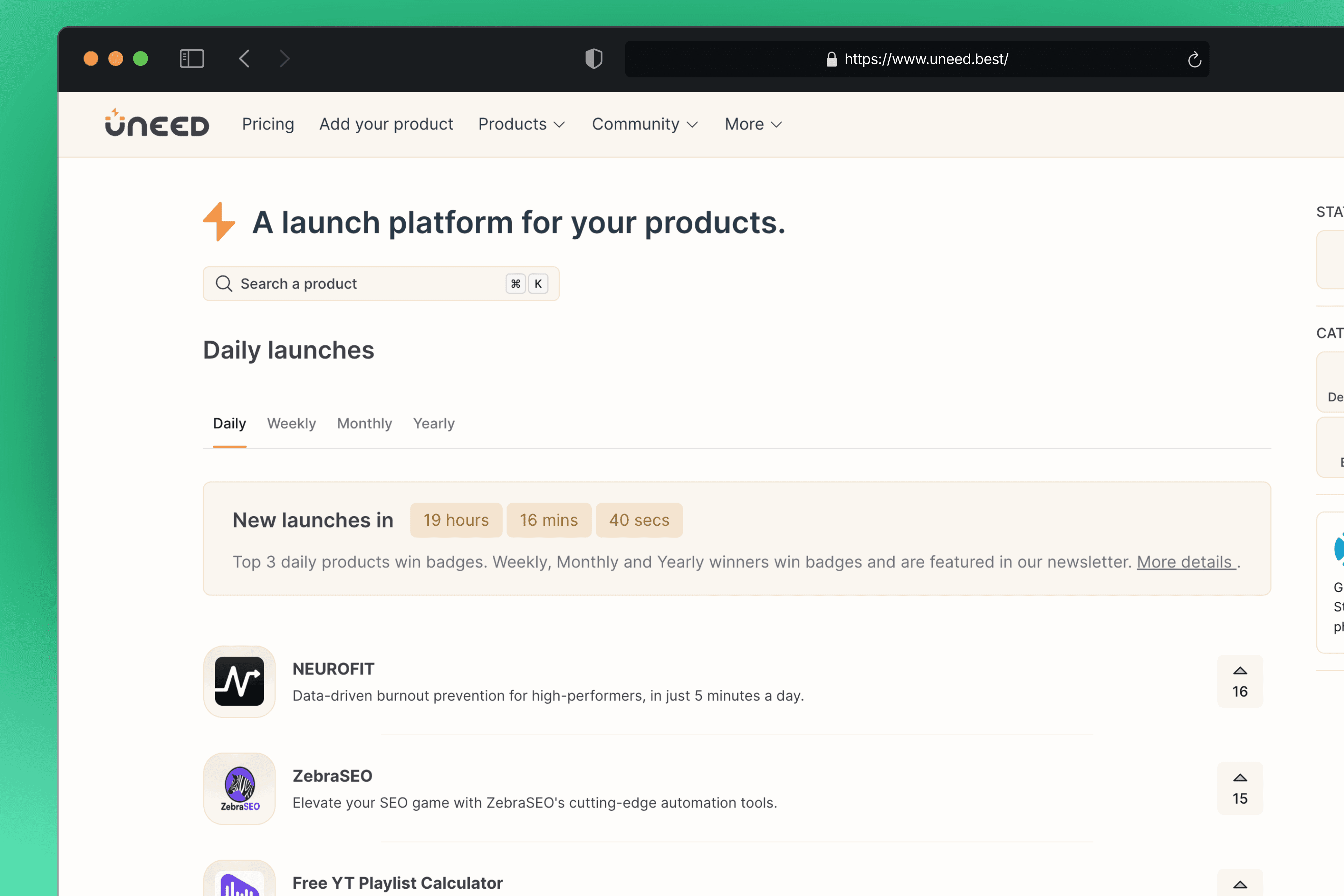 a screenshot of uneed's landing page