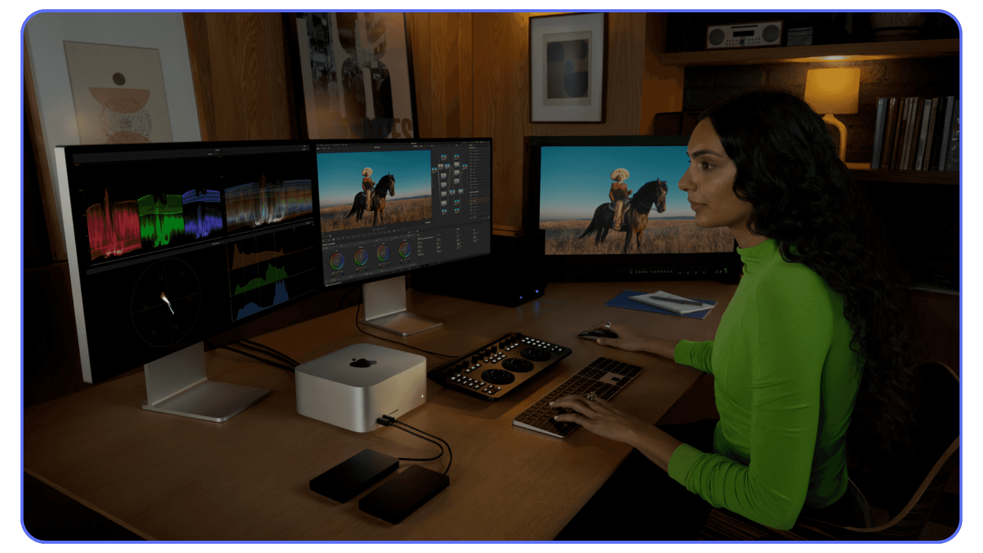 A person working on video editing using dual monitors, with a Mac Studio desktop in the center and color correction tools on the desk.