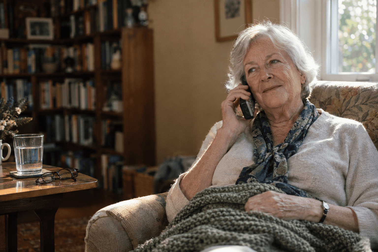 An older woman sits in a sunlit armchair with a throw on her lap, smiling softly while talking on a cordless phone.