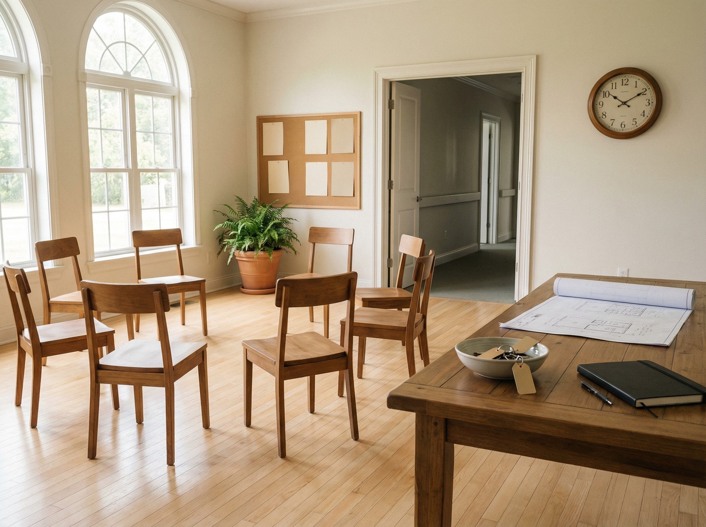 Ein leerer Gruppenraum zeigt einen geordneten Stuhlkreis, auf einem Tisch liegen ein Hausplan und beschriftete Schlüssel. Durch das Fenster fällt helles Tageslicht, eine Uhr zeigt kurz vor Beginn. Die Tür steht offen und vermittelt klare Vorbereitung und Übersicht.