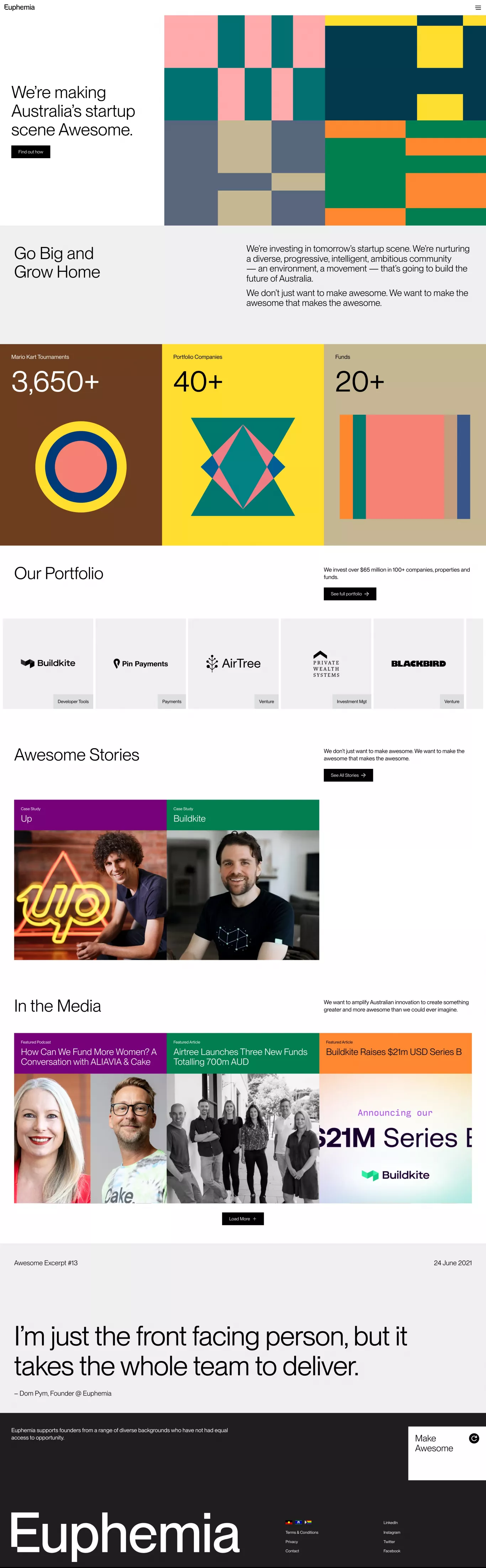 Euphemia landing page screenshot showcasing Tech and Finance design