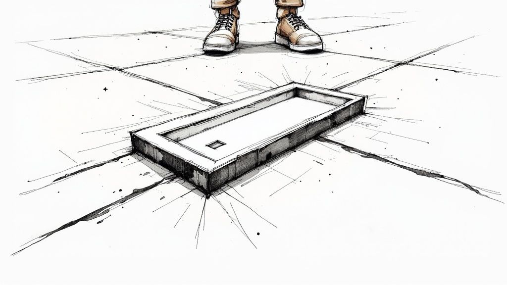Person standing at edge of rectangular trap door opening in cracked ground illustration