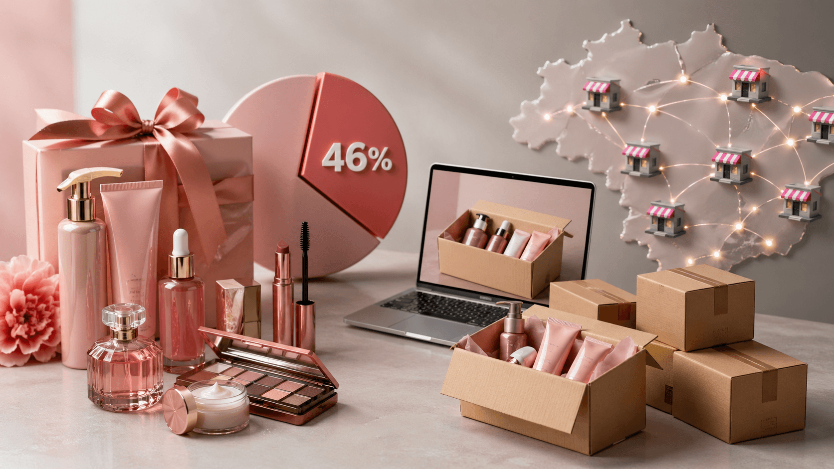 Cena em renderização 3D realista, formato 16:9, com produtos de cosméticos organizados sobre uma superfície clara: frascos, maquiagem e um kit embalado para presente. Ao lado, caixas de envio abertas com kits montados e um notebook exibindo produtos. Ao fundo, um mapa estilizado com pequenos pontos conectados, sugerindo distribuição para lojistas. Iluminação suave, sem pessoas e sem texto.