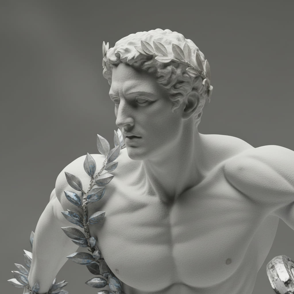 Front-facing view of a white marble male sculpture wearing a silver laurel wreath on his head and over his shoulder.