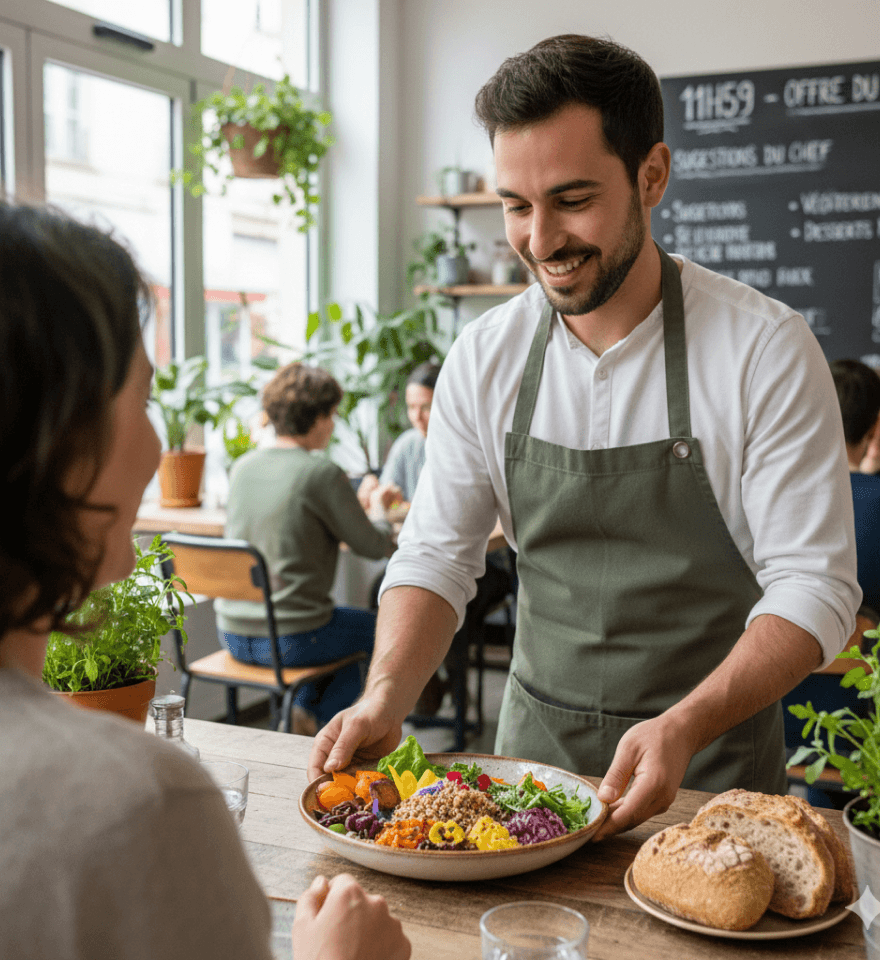 Serveur souriant en tablier vert servant un bol de salade colorée à une cliente dans un restaurant lumineux et végétal.