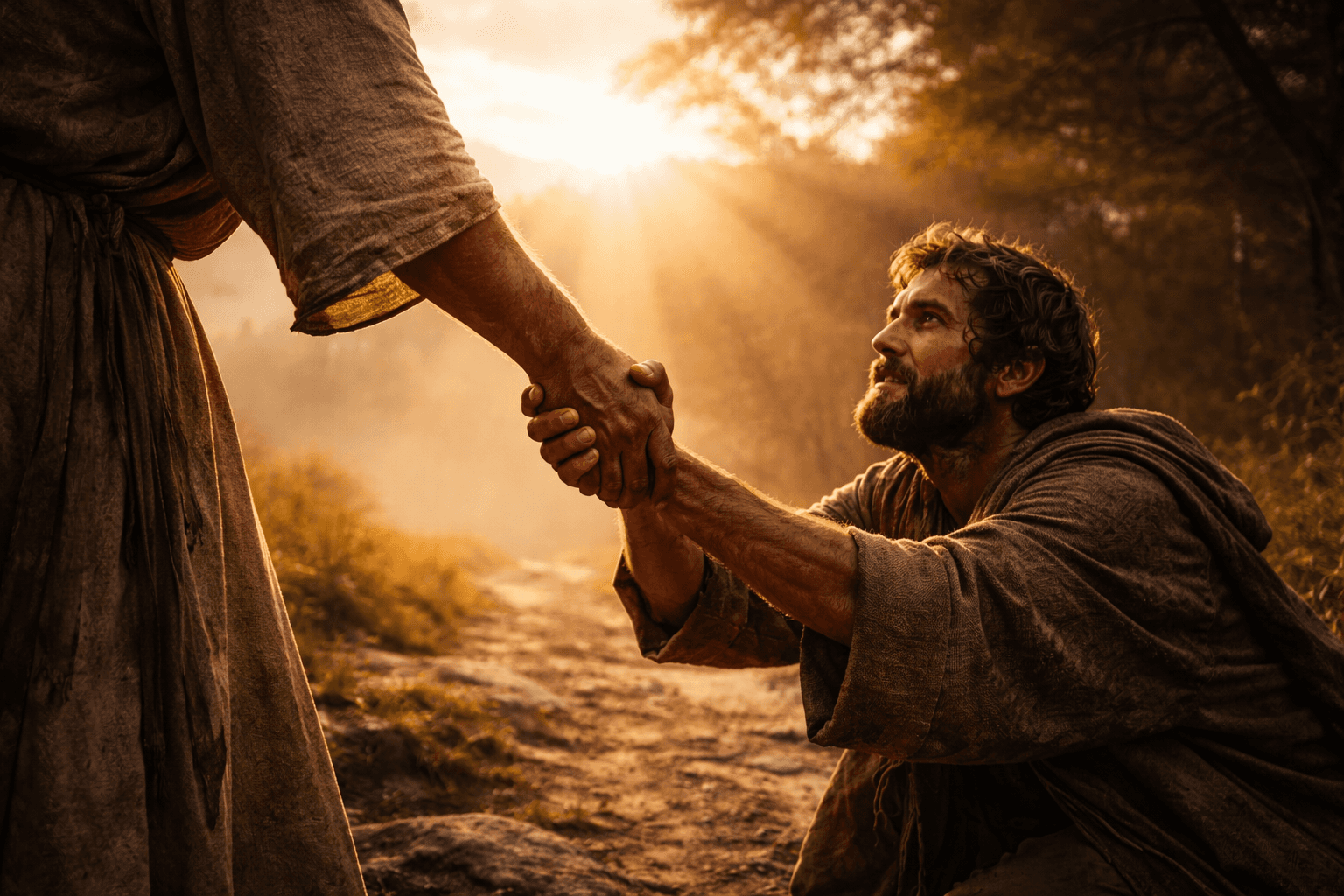 Biblical scene of one robed figure helping another person rise, symbolising forgiveness, grace, and restoration