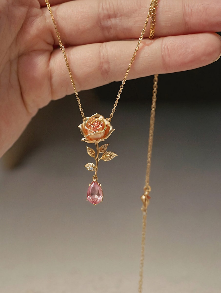 Elegant gold necklace with a rose pendant, pink gemstone, and diamond accents, held against a soft neutral background.
