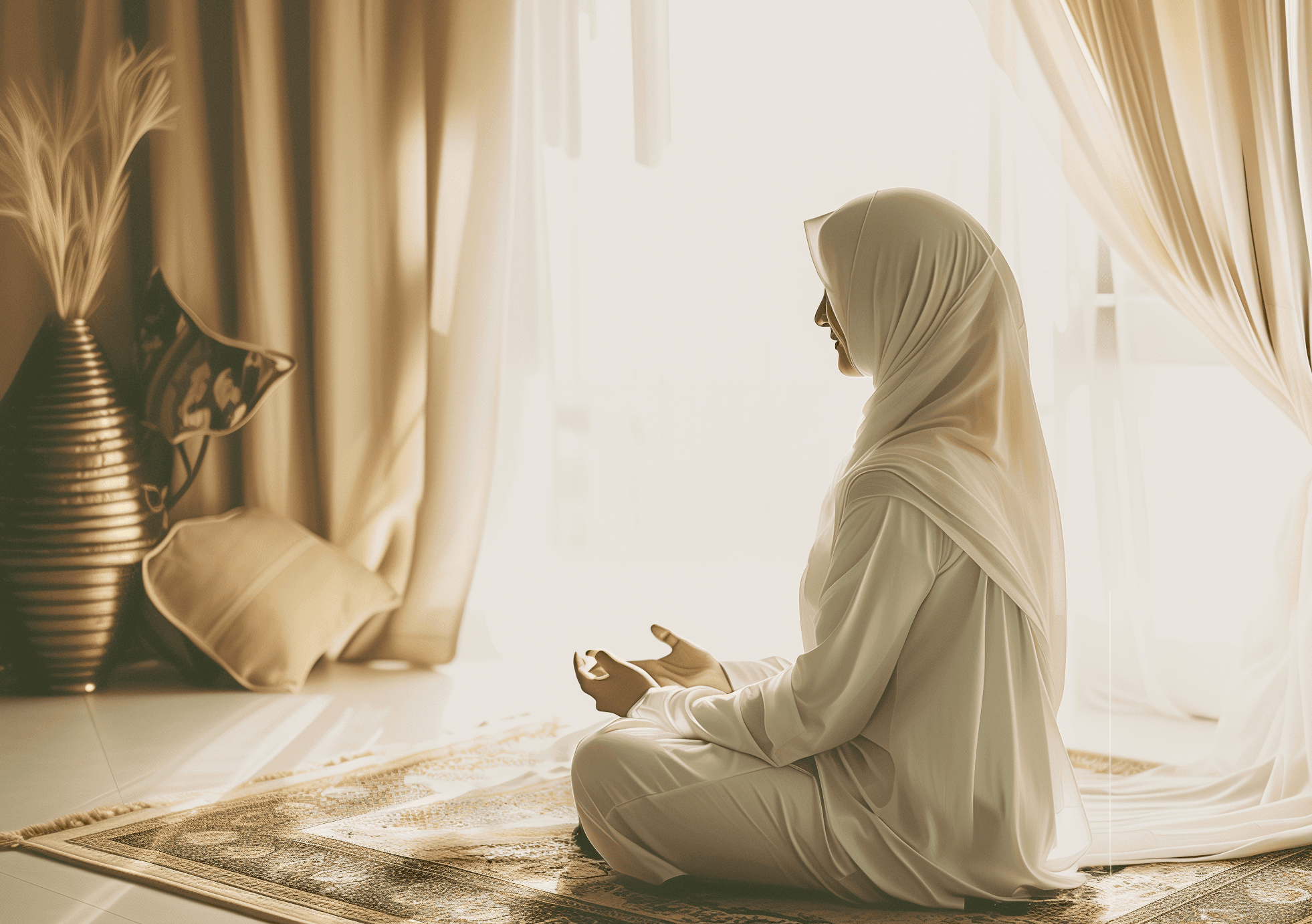 Muslim woman sitting making dua and prayer in a serene prayer room.