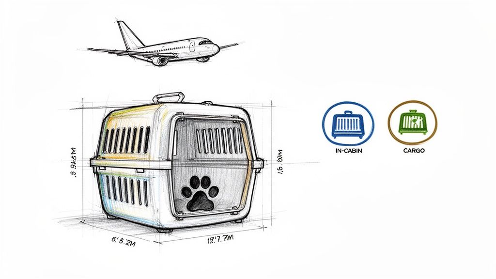 Detailed sketch of an airplane and a pet carrier with dimensions, illustrating in-cabin and cargo pet travel options.